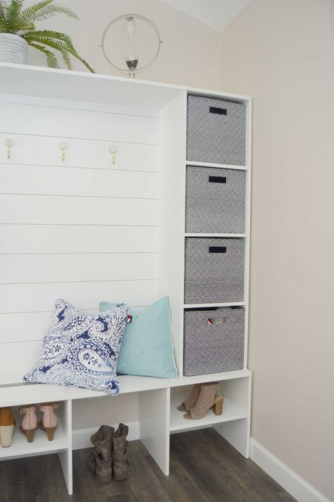 Hall tree for entryway or mudroom to organize coats and shoes.  White wood with gray decor and shiplap. #halltree #entrywayideas #mudroomideas #mudroom Diy Hall Tree Bench, Diy Hall Tree, Hall Tree Bench, Gray Decor, Entry Storage, Hall Tree With Storage, Entryway Closet, Tree Bench, Tree Project