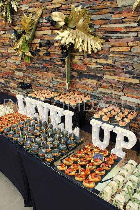 Corporate Cocktail Event, Event Food Display, Business Launch Party, Buffet Set Up, Cocktail Party Decor, Mortgage Marketing, Buffet Set, Black Food, Business Party