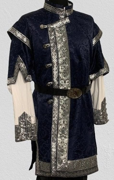 This princely kaftan is made of dark blue brocade, decorated it with a black-silver trim. Recommended also for LARP and reenactment events. The pattern of the trim  may differ from the one in the photo. *The long-sleeved shirt and the belt are only decoration on the photo. The long shirt (tunic) is listed on our website too. Made to order, not in stock. It is made customized for every customer. Please add your measurements based on the guide when ordering. Please note that above 90 kg/200 lbs fo Indian Men Clothes, Royal Prince Outfit Aesthetic, Medieval Royalty Clothing, Kievan Rus Clothing, Russian Clothing Men, Fantasy Style Clothes, Fancy Clothes Men, Japanese Royalty Clothing, 17th Century Fashion Mens