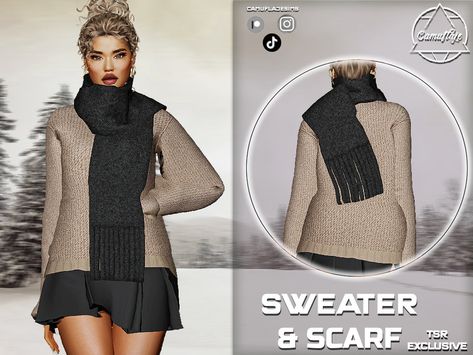 The Sims Resource - SET 392 - Sweater with a Scarf Sims 4 Jumper Cc, Sims 4 Scarf, Sims 4 Cold Weather Cc, Sims Fashion, Futuristic Costume, Sims 4 Studio, Sims 4 Cc Shoes, Fashion Design Collection, Sims4 Clothes