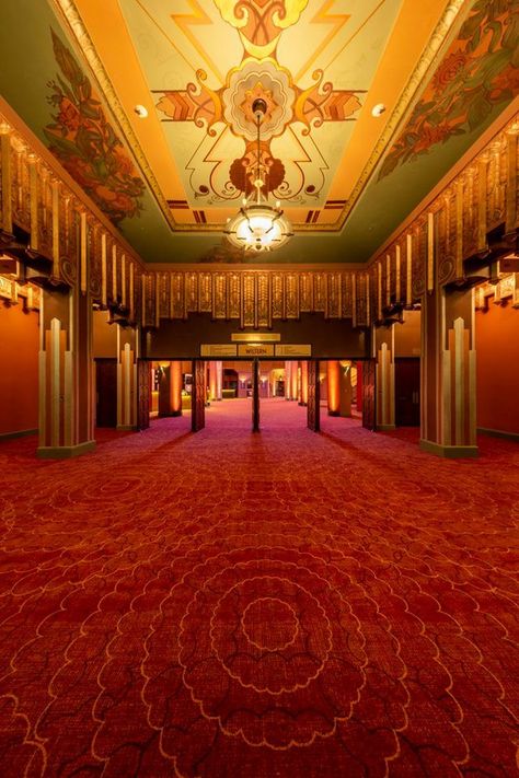 1960s Hotel Lobby, Art Deco Theatre Interior, Art Deco Theater Interior, Old Hotel Lobby, Old Hotel Aesthetic, 1920s Theatre, Art Deco Theatre, Theatre Lobby, Theater Lobby