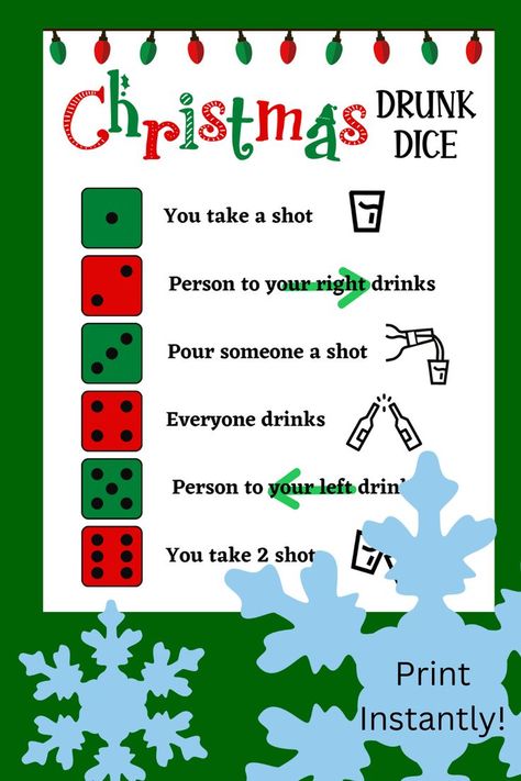 Drunk Games To Play With Friends, Christmas Adult Party, Drunk Dice Game, Christmas Fun Games, Christmas Olympics, Housewarming Party Favors, Christmas Drinking Games, Drunk Games, Holiday Party Drinks