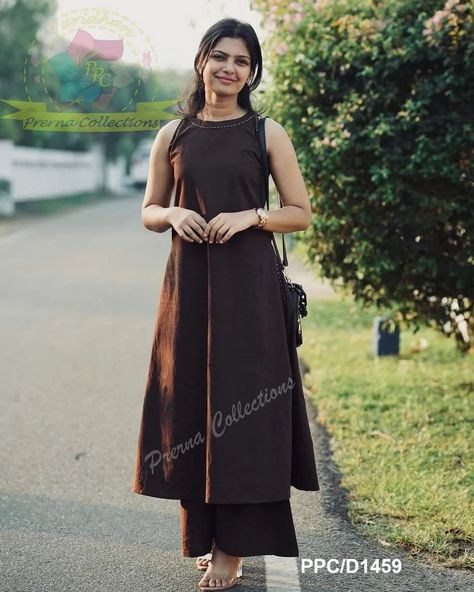 ₹875  Summer special   Cotton kurti with trendy halter neck, kantha details, hook buttons on the back and both side pockets making it a must-have for your closet 😍  Pure  Cotton work kurti  with  plazo   Brown colour look very smart perfect look for summer Sleeveless kurti for smarty women   *Size available M L  Xl Xxl  *-,38,40,42,44    *Material* -  pure cotton    Kurti length - 46 inches Plazo length - 38 inches high heels   *Price - 875 free shipping* fh  Keep posting  #underbudgetdress... High Neck Sleeveless Kurti, Round Neck Sleeveless Kurti, Halter Kurti, Different Kurti Designs, Sleeveless Design For Kurtis, Sleeveless Kurti Designs Cotton, Sleeveless Cotton Kurti, Back Designs For Kurtis, Simple Cotton Kurti Designs Latest