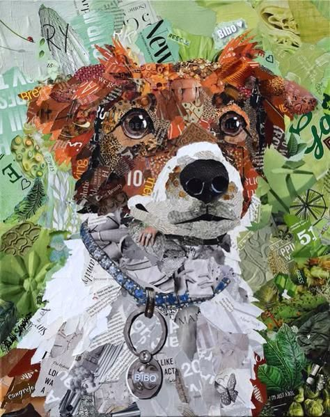 Commissioned Dog Collage made from magazines by artist Deborah Shapiro Dog Collage, Torn Paper Collage, Collage Quilts, Collage Portrait, Collage Art Projects, Paper Collage Art, Magazine Collage, Collage Art Mixed Media, Collage Artwork