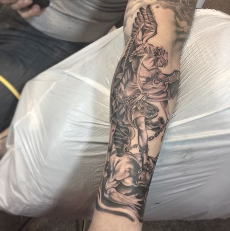 Saint mike angel tattoo Raphael Angel Tattoo, Angel Swordsman Tattoo, Micheal Arc Angel Tattoo, Angel Full Sleeve Tattoo, Angel Tattoo Men Arm, Saint Michael Tattoo Sleeve, Arc Angel Tattoo, Tattoo Outer Forearm, Arc Angel Michael Tattoo