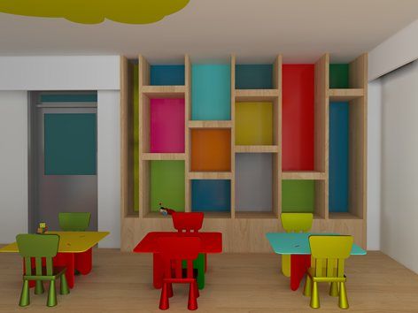 Interior design of a nursery and preschools classroom, in a private primary school in Athens. My design target was to make a shiny, colourful, happy place for small kids. The library on the left wall is designed by me too! Gray Nurseries, Preschool Interior Design, Preschool Interior, Interior Design Nursery, Nursery Classroom, Kindergarten Interior, Preschool Furniture, Preschool Designs, Nursery Interior Design