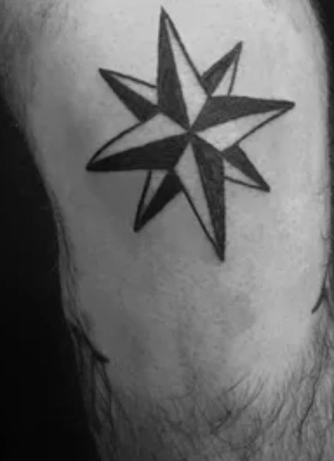 Stars – Indicate authority. On the shoulders or the knees ("I kneel to no-one"). The eight-pointed star denotes rank as thief in law depending on where it is placed. Russian Star Tattoo Knee, Eight Pointed Star, Star Tattoo, Knee Tattoo, Star Tattoos, Tattoo Inspo, Shoulder Tattoo, Geometric Tattoo, Tatting