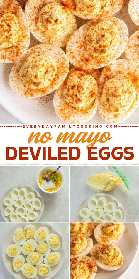 No Mayo Deviled Eggs are the perfect easy New Year appetizer! This dish uses sour cream or Greek yogurt, hard boiled eggs, Dijon mustard, and pickle relish. It's a great addition to your game day menu. Make them today and enjoy every bite! Greek Deviled Eggs, Sour Cream Deviled Eggs, Deviled Eggs Cream Cheese, Shrimp Deviled Eggs Recipes, Southern Deviled Eggs Recipe Best, How To Make Deviled Eggs, Deviled Eggs With Cream Cheese Recipe, Deviled Eggs Recipe Without Mayo, No Mayo Deviled Eggs