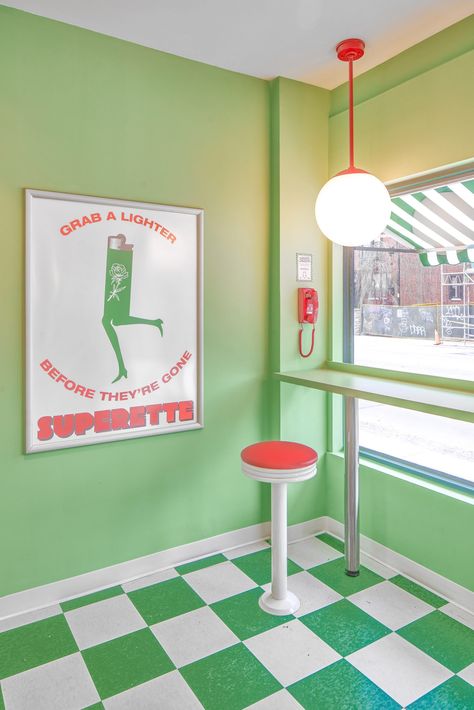 Lime Green Walls, Green Shelves, Italian Deli, Green Interior Design, Design Café, Wes Anderson, Green Interiors, Coworking Space, Cafe Design