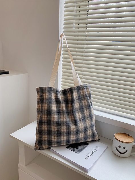 [goods_name] | SHEIN USA Cloth Tote Bags, Plaid Bag, Plaid Tote Bag, Houndstooth Pattern, Tartan Pattern, Shoulder Tote Bag, Shopper Bag, Letter Patterns, Shoulder Tote