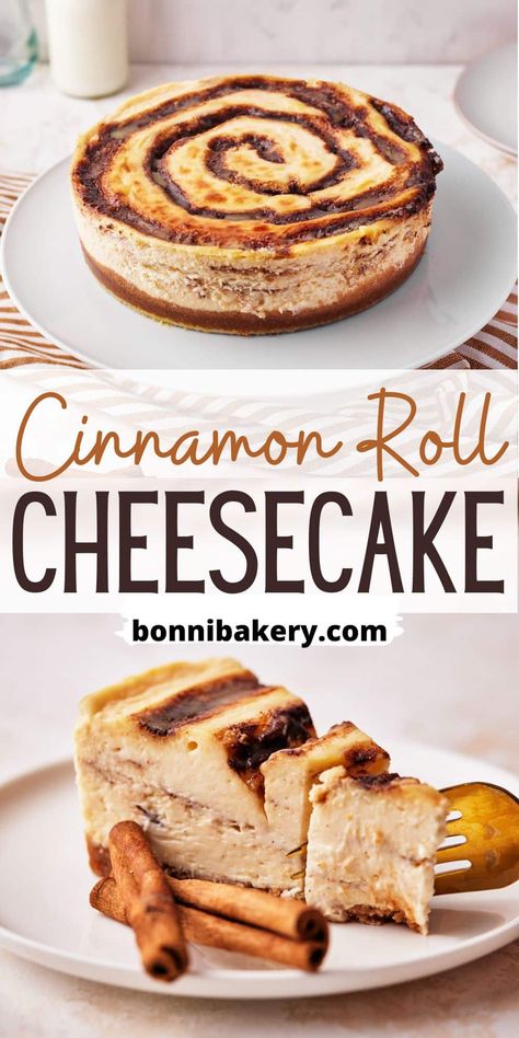 This cinnamon roll cheesecake consists of delicious, creamy cheesecake on a crunchy cinnamon graham cracker crust, with cinnamon filling throughout and a pretty cinnamon swirl baked into the top to look just like a cinnamon roll! It's perfect for cinnamon bun lovers and cheesecake fans! Show-stopping fall dessert for dinner parties or events. #cinnamon #fallbaking #cinnamonroll #cinnamonrecipes #cheesecakerecipes #fancycheesecake #cinnamonswirl #dessertideas #uniquedessert Cinnamon Swirl Cheesecake, Cinnamon Dessert Recipes, Cinnamon Graham Cracker Crust, Swirled Cheesecake, Roll Cheesecake, Cinnamon Desserts, Cinnamon Cheesecake, Cinnamon Roll Cheesecake, Cinnamon Filling