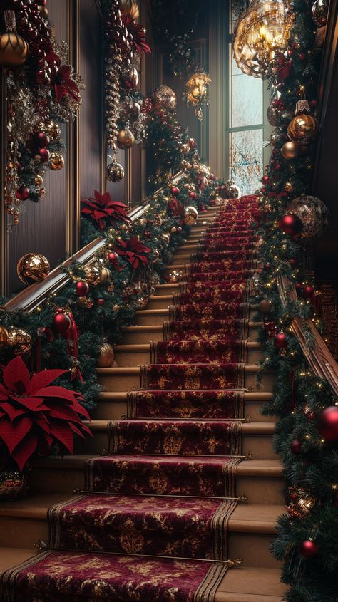 Extravagant Christmas Decor, Luxury Christmas Decor Interior Design, Christmas Decor For Staircase, Mansion Christmas Decor, Decorating Staircase, Oversized Christmas Decorations, Christmas Mansion, Opulent Christmas, Luxurious Staircase