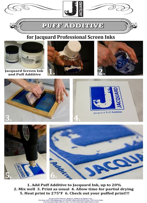 Jacquard Puff Additive  for use with Jacquard Professional Screen Printing Inks Jacquard Puff Additive is used to increase the relief of prints on paper, fabric and other surfaces. Simply mix a little of the additive into your Jacquard Screen Ink (up to 20%), print as usual and then apply heat to your print. The microspheres in the Puff Additive expand with heat, giving you a raised print only after heating. Once puffed, the print is washfast and dry cleanable. Puff Ink Screen Print, Diy T Shirt Printing, Screen Printing Inks, Diy Screen Printing, Screen Printing Art, Puff Paint, Tshirt Printing Design, Screen Printing Ink, Textile Texture