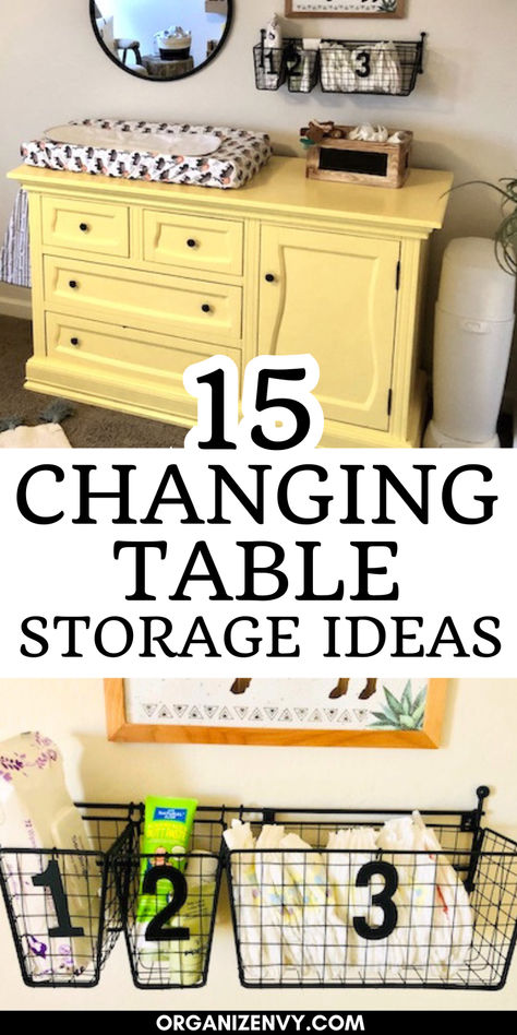 Photos of a changing table in a baby's nursery Changing Table Living Room, Storage Above Changing Table, Diaper Storage Nursery, Changing Table Ideas Repurpose, Small Changing Table Ideas, Above Changing Table Decor, Baby Changing Station Ideas, Baby Changing Table Ideas, Table Storage Ideas