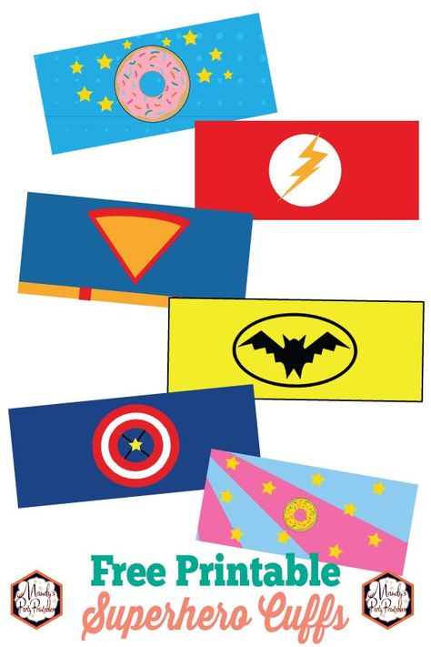 Get the template for these printable DIY superhero cuffs for your next awesome superhero birthday party, dress up, or dramatic play. Both boy and girl's will love them! Superman, Flash, Batman, Captain America, and Donut Superhero-inspired options! Superhero Bunting Printable Free, Free Superhero Printables, Superhero Printables Free, Superhero Cuffs, Superhero Preschool, Superhero Week, Super Hero Activities, Superhero Printables, Pretend Play Printables