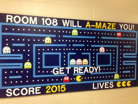 A remaking of a Pac Man board found on this site: http://www.craftymorning.com/clever-back-school-bulletin-board-ideas/ Thanksgiving Classroom Door, School Counselor Bulletin Boards, Counselor Bulletin Boards, Notice Board Decoration, Ra Bulletin Boards, Thanksgiving Classroom, Vbs 2023, Preschool Bulletin Boards, Interactive Board