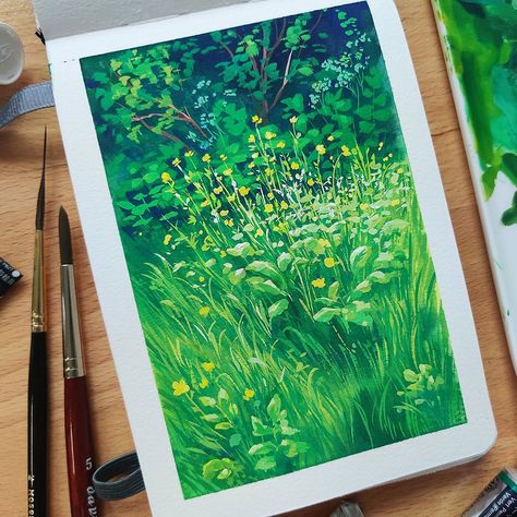 Grass Painting, Gouache Art, Gouache Painting, Pretty Art, Painting Inspiration, Landscape Art, Melon, All Art, Painting & Drawing