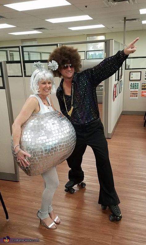 The Disco ball was my girlfriends idea as I told her the office was dressing up in 70's costumes and I didn't want to be a typical go-go girl. We researched a couple of websites on how to make the costume. It was a 36'... Disco Ball Dress Outfit, Couples Disco Costumes, Disco Couple Outfit, Halloween Disco Costume, Disco Ball Outfit Ideas, Disco Ball Costume Diy, 70s Costume Ideas For Couples, Disco Couple Costume, Easy Disco Outfit