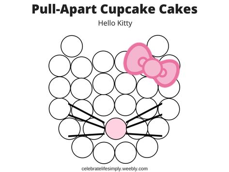 Hello Kitty Pull-Apart Cupcake Cake Template | Over 200 Cupcake Cake Templates perfect for all your party needs! Cupcake Cake Templates Pull Apart, Hello Kitty Pull Apart Cupcake Cake, Kitty Cupcake Cake, Cat Pull Apart Cupcake Cake, Cat Pull Apart Cupcakes, Hello Kitty Pull Apart Cupcakes, Hello Kitty Birthday Cupcakes, Hello Kitty Cupcakes Ideas, Hello Kitty Cupcake Cake