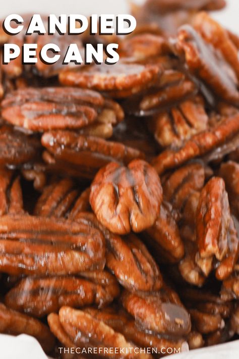 These quick and easy Candied Pecans are the best sweet and salty garnish, mix-in, gift or snack. They are super versatile, crazy simple to make and totally addicting. #thecarefreekitchen #pecans #candiedpecans #candied #garnish #snack #dessert #nuts Candy Pecans, Easy Candied Pecans, Pecan Recipe, Candied Walnut Recipe, Nut Clusters, Candied Pecans Recipe, Glazed Pecans, Cinnamon Candy, Chocolate Balls