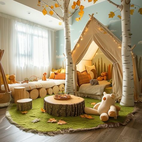 Cabin Playroom, Playroom Nook, Forest Playroom, Cozy Playroom, Chiro Office, Kids Nook, Organic Interior Design, Comfortable Reading Nook, Organic Interior