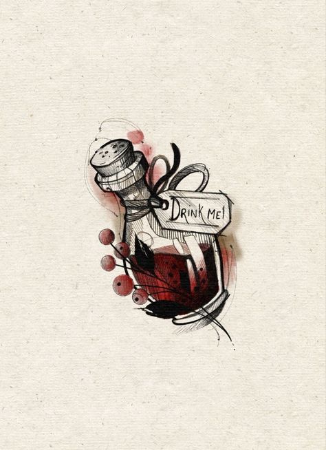 Drink Me Potion Alice In Wonderland, Drink Me Bottle Drawing, Drink Me Potion Tattoo, Drink Me Drawing, Drink Me Tattoo Wonderland, Alice In Wonderland Drink Me Bottle, Drink Me Bottle Tattoo, Ink Bottle Tattoo, Eat Me Drink Me Tattoo