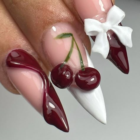 Cherry Nails Long, Bordo Nails Design, Red Long Almond Nails, Nails With Cherry Design, Cherry Design Nails, Burgundy Nail Art Designs, Cherry Nails Acrylic, Cherry Nails Designs, Bordo Nails