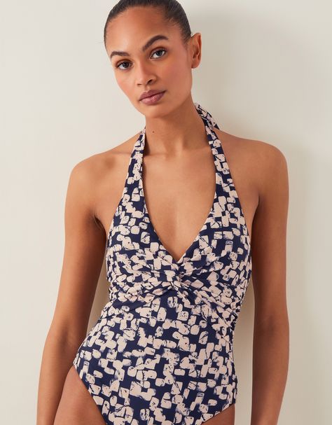 Take me to sunshine. A must-have for your next vacay with a beach or pool, this swimsuit is designed with an abstract block print and twist detail under the V-neck to finish. Fastens with a halterneck tie. Matching sarong available.Please note that this product can only be returned with the hygiene seal still in place. Black Tie Matching, Prom Dress Shoes, Occasion Wear Dresses, Halter Swimsuit, Prom Girl Dresses, Swimsuit Black, Print Swimsuit, Swimsuits Halter