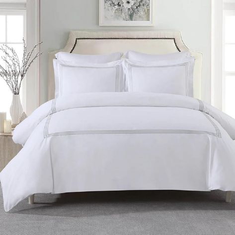 Amazon.com: Royal Tradition 3pc Percale Duvet Cover Set (Full/Queen, Grey) Adeline Embroidered Comforter Cover with Pillow Shams : Home & Kitchen All White Bedding, Hotel Style Bedding, King Size Pillow Shams, Embroidered Duvet Cover, White Duvet Cover, Hotel Bedding, Style Bedding, Best Duvet Covers, Bed Comforter Sets