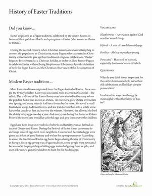 Ever wonder why we hunt for Easter eggs or why this colorful spring holiday is called "Easter"? Learn about how and why this celebration originated with an interesting history worksheet. Your student can answer a few critical thinking questions after he reads about this history of Easter. #educationdotcom Easter History, Reading Nonfiction, Easter Worksheets, Reading Learning, Critical Thinking Questions, Teaching Holidays, History Worksheets, Easter Week, Social Studies Worksheets