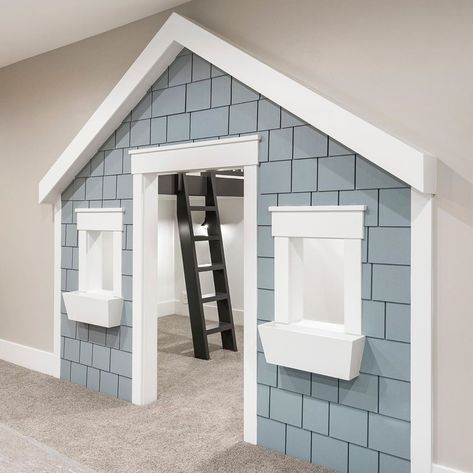 Haveing some fun in the basement. This kids playhouse is sure to be a hit with all ages. . . . . . . . Interiors: @millhaven_interiors… Playhouse Basement, Modern Pool Table Room, Basement Playhouse, Stairs Nook, Playroom Basement, Kids Playroom Basement, Kids Playroom Ideas Basement, Millhaven Homes, Under Stairs Nook