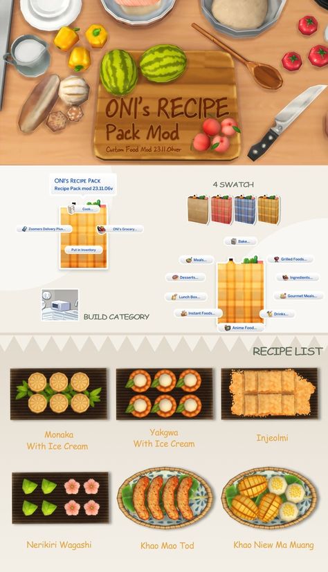 Oni Sims4, Sims 4 Oni's Recipe Pack, Oni's Recipe Sims 4, Sims4 Recipes, Sims 4 Oni Recipe, Sims 4 Cc Food Recipes, Sims 4 Cooking Mod, Sims 4 Recipes, Food Sims 4