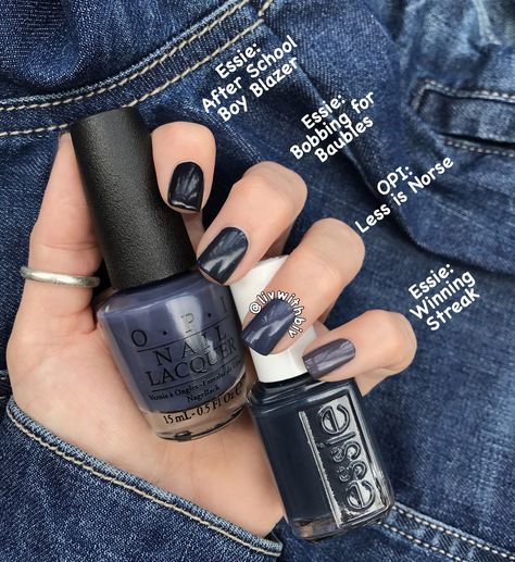 Comparison swatch of OPI Less is Norse to some popular Essie polishes!! Less Is Norse Opi Gel, Less Is Norse Opi, Opi Less Is Norse, Winter Nail Colours, Fake Nails Shape, Dark Blue Nail, Dark Blue Nail Polish, Essie Nail Polish Colors, Essie Nail Colors