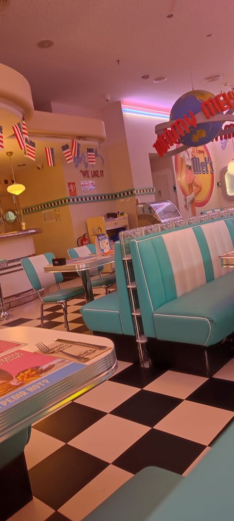 50s aesthetic retro restaurant 50s Core Aesthetic, Sock Hop Aesthetic, 50s Restaurant Aesthetic, Fun Vintage Aesthetic, 50's Aesthetic 1950s, 50s And 60s Aesthetic, Retro Restaurant Aesthetic, 50s Asthetic, 50s Diner Aesthetic