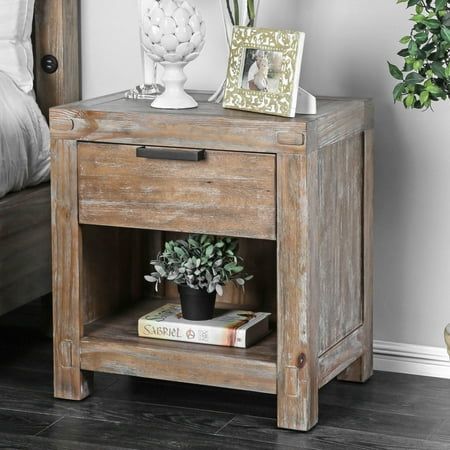 Inspired by reclaimed wood designs, this night stand flaunts its gorgeous wood grain and weathered light oak finish. The dark metal hardware on the top drawer blends into the simplified construction, for an unfettered look. Give your room an earthy undertone to inspire a brand new bedroom aesthetic. Wooden Side Table Bedroom, Rustic Night Stand, Nightstand Rustic, Bedside Table Styling, Rustic Bedside Table, Nightstand Bedroom, Rustic Nightstand, Earthy Bedroom, Oak Nightstand