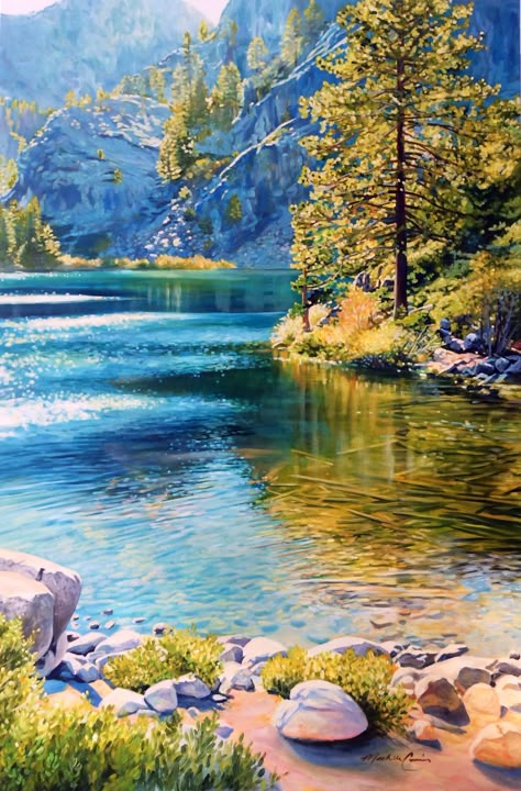 Eagle lake acrylic painting by Michelle Courier Michelle Courier, Creek Painting, Easy Landscape Paintings, Lake Painting, Landscape Art Painting, Watercolor Landscape Paintings, Great Paintings, Water Painting, Pastel Art