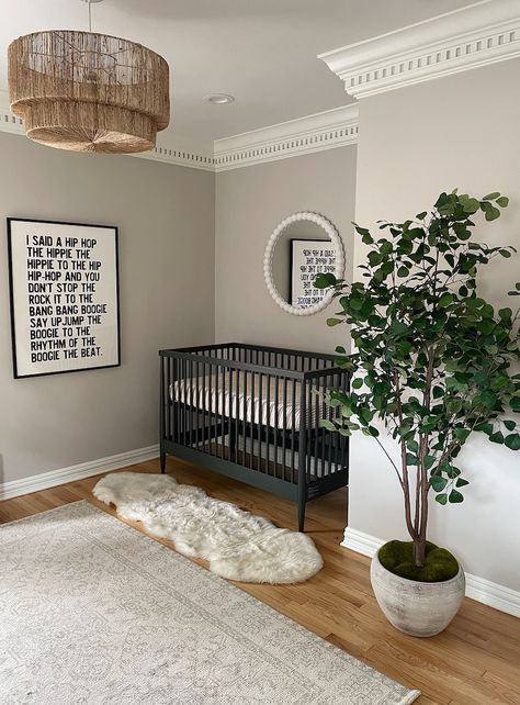 Somewhere Lately Home, Black Metal Crib Nursery, Nursery With Black Crib, Black Crib Nursery, Faux Ficus Tree, Black Crib, Black Nursery, Baby Nursery Inspiration, Nursery Room Design