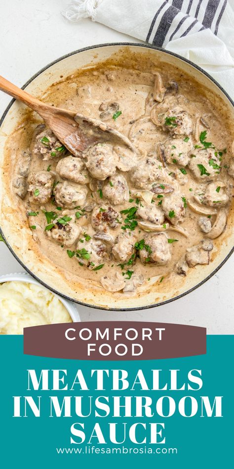 Swedish Meatballs With Mushrooms, Meatballs With Mushroom Sauce, Meatballs And Mushroom Sauce, Creamy Mushroom Meatballs, Meatball Cream Of Mushroom, Swedish Meatball With Cream Of Mushroom, Meatball Mushroom Sauce, Meatball With Cream Of Mushroom Recipe, Meatballs And Mushroom Gravy