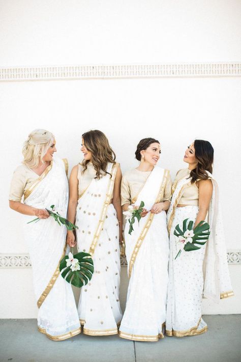 32 Lush Bridesmaids Bouquets and Wedding Flowers Sari Photography, Tamil Weddings, Malayali Wedding, Unusual Bouquets, Saree Photography, Feather Photo, White Sari, Indian Bridesmaids, Gown Ideas