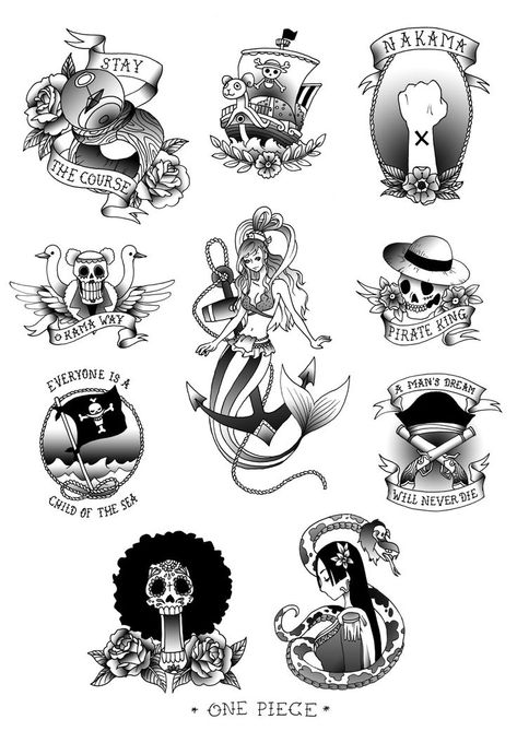 American Traditional One Piece Tattoo, Anime Behind Ear Tattoo, Traditional One Piece Tattoo, Dark Couples Tattoos, One Piece Tattoo Ideas, Piece Tattoo Ideas, One Piece Tattoo, Tato Tradisional, Pirate Tattoo