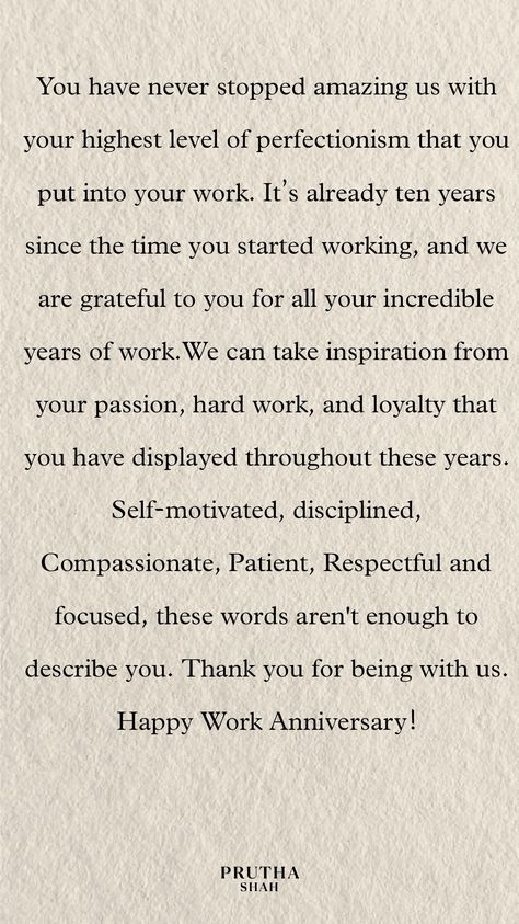 10 year work anniversary message for boss or colleague #pruthashah #wishes #messages #work #anniversary 10 Year Work Anniversary, Work Anniversary Wishes, Anniversary Quotes For Friends, Work Anniversary Cards, Work Anniversary Quotes, Message For Boss, Anniversary Message, Work Anniversary, Anniversary Wishes