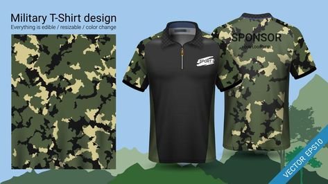 Military polo t-shirt design, with camouflage print clothes. Polo T Shirt Design, Vector Clothes, Plain Black T Shirt, Military Gear Tactical, Sports Jersey Design, Military Design, Sublime Shirt, Military Gear, Inspirational Design