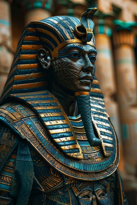 The image shows a statue of an Egyptian pharaoh. The pharaoh is wearing a golden headdress and a blue and gold collar ->> more details in ai-img-gen.com Pharaoh Headdress, Egyptian Design Pattern, Egyptian Headdress, Egyptian Design, Egyptian Pharaoh, Egyptian Pharaohs, Farm Boys, Blonde Hair Blue Eyes, Gold Collar