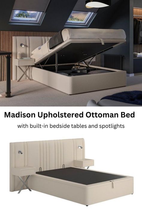 The Madison Ottoman Bed by Dreams comes with built-in bedside tables and spotlights on each side. There is a large 35cm deep ottoman storage space, which you can access from the footend. Comes in double and king size. Free delivery. Bed With Bedside Tables, Matching Bedside Tables, Ottoman Beds, Best Beds, Oak Headboard, Contemporary Color Schemes, Ottoman Bed Frame, Underbed Storage Drawers, Floating Bedside Table