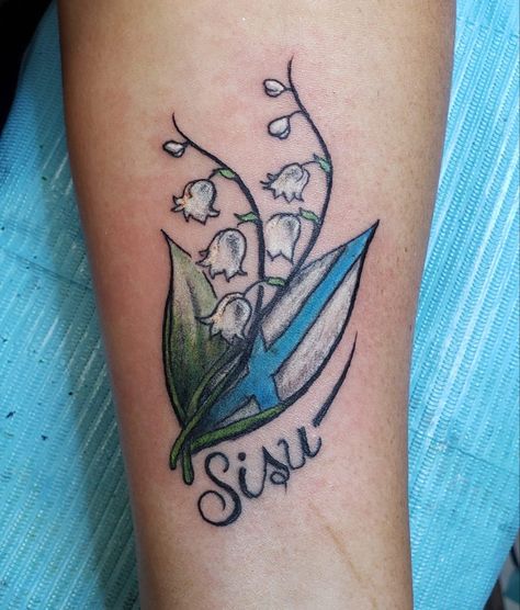 Finnish tattoo with national flower amd Finnish flag Finnish Flag Tattoo, Sisu Tattoo Finland, Finnish Tattoos For Women, Finland Tattoo Ideas, Finnish Tattoo Ideas, Sisu Tattoo, Finnish Tattoo, Finnish Flag, Ireland Tattoo