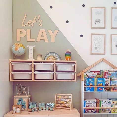 Colourful Playroom Walls, Unisex Playroom Decor, Light Green Playroom, Hallway Playroom Ideas, Hobby Lobby Playroom, Playroom Wall Paint, Playroom Wall Paint Ideas, Playroom Feature Wall, Sage Playroom