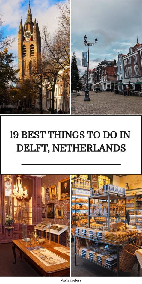 The clock tower of Nieuwe Kerk, Markt square, Vermeer Centrum, and a bakery in Delft, Netherlands. Things To Do In Holland, Delft Netherlands, Travel Netherlands, Amsterdam Trip, Dates Ideas, Vacay Ideas, Holland Netherlands, Netherlands Travel, Amsterdam Travel