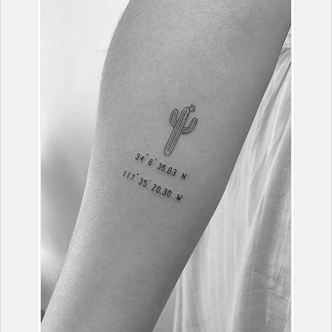 @winterstone on Instagram: “CACTUS FOR HER GIRL  #cactus #coordinate #tattooedgirls #singleneedle #delicatelysharp” Cactus Tattoo With Flowers, Cactus Tatoos, Desert Cactus Tattoo, Little Cactus Tattoo, Tiny Cactus Tattoo, Small Cactus Tattoo, Tattoo Cactus, Arizona Tattoo, Number Tattoo Fonts