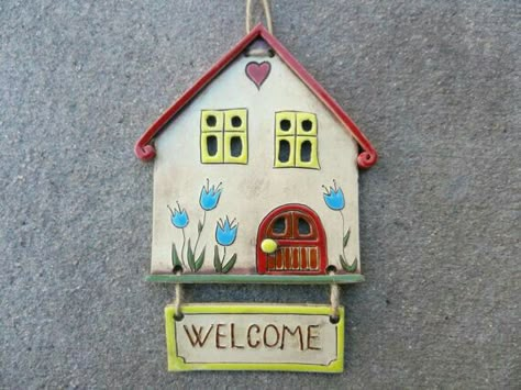 Hanging Welcome Sign, Wall Hanging Ceramic, Clay Wall Hanging, Small Building, Pottery Houses, Fairy Home, Clay Wall Art, Pottery Handbuilding, Home Handmade