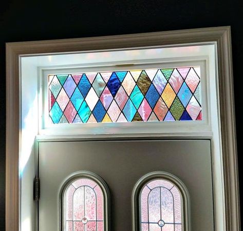 Villa Doors, Stained Windows, Stained Glass Transom Window, Stained Glass Transom, Glass Transom, Transom Window, Window Stained, Custom Wood Frames, Stained Glass Door